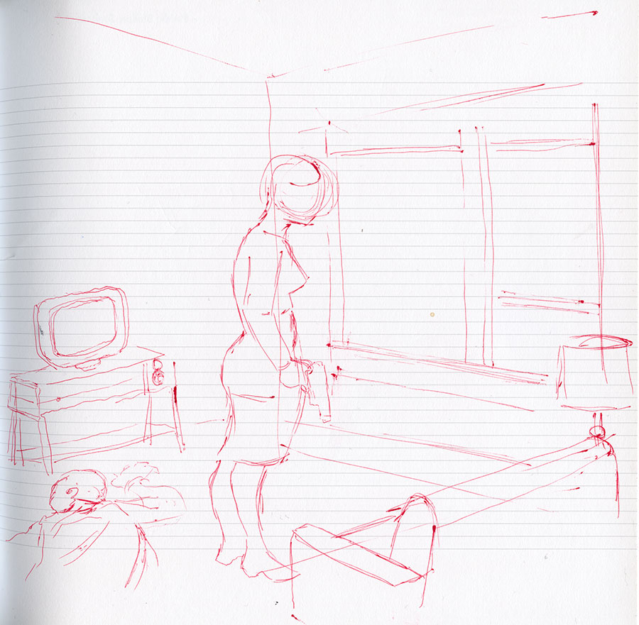 initial sketch done in red pen of the illustration titled Shy.
