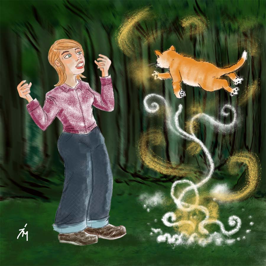illustration title: I Choose You. Image of woman finding a flying cat.