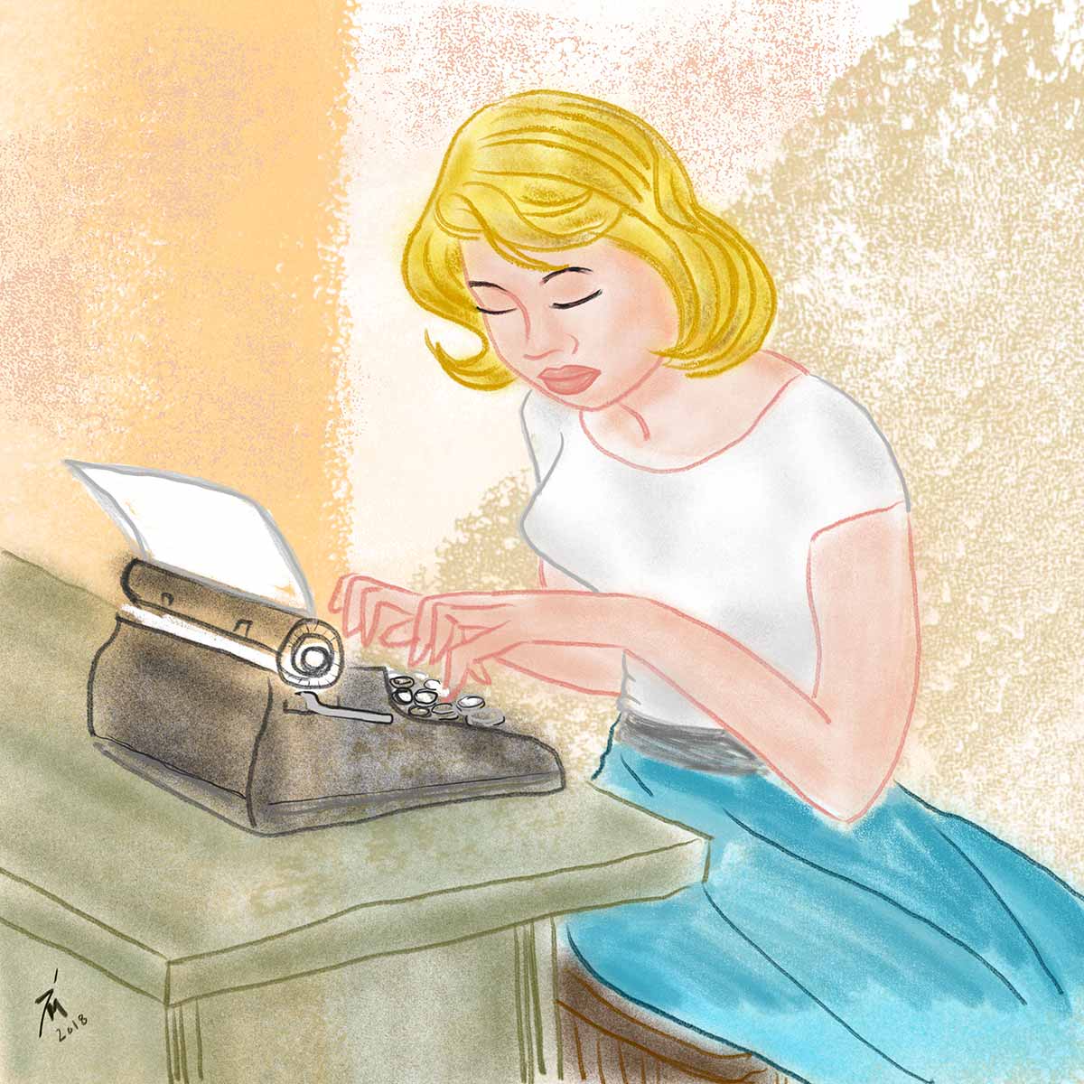 illustration title: Sylvia In Love. Image of woman typing.
