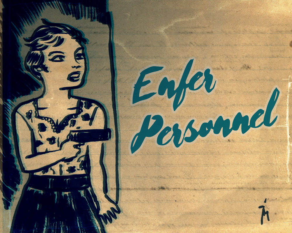 illustration titled: Enfer Personnel (Personal Hell) Woman with gun in dark room.