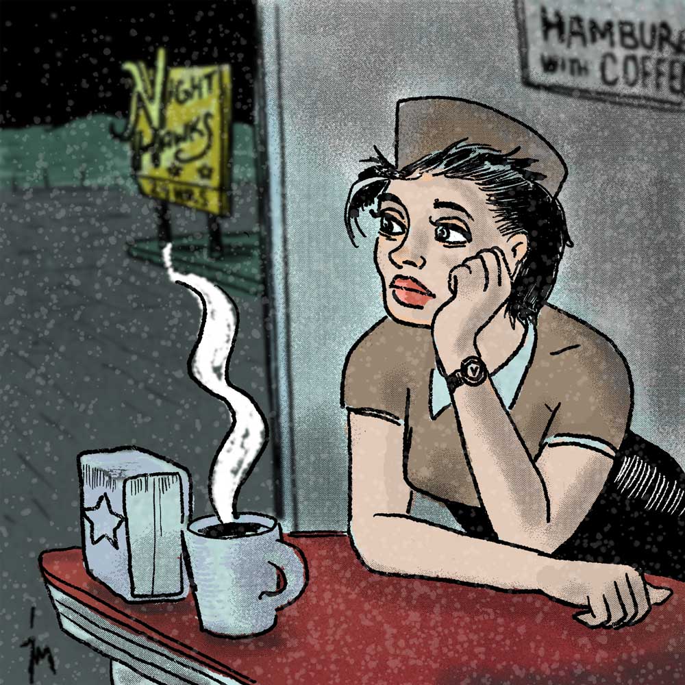 Illustration of a waitress at a coffee shop.