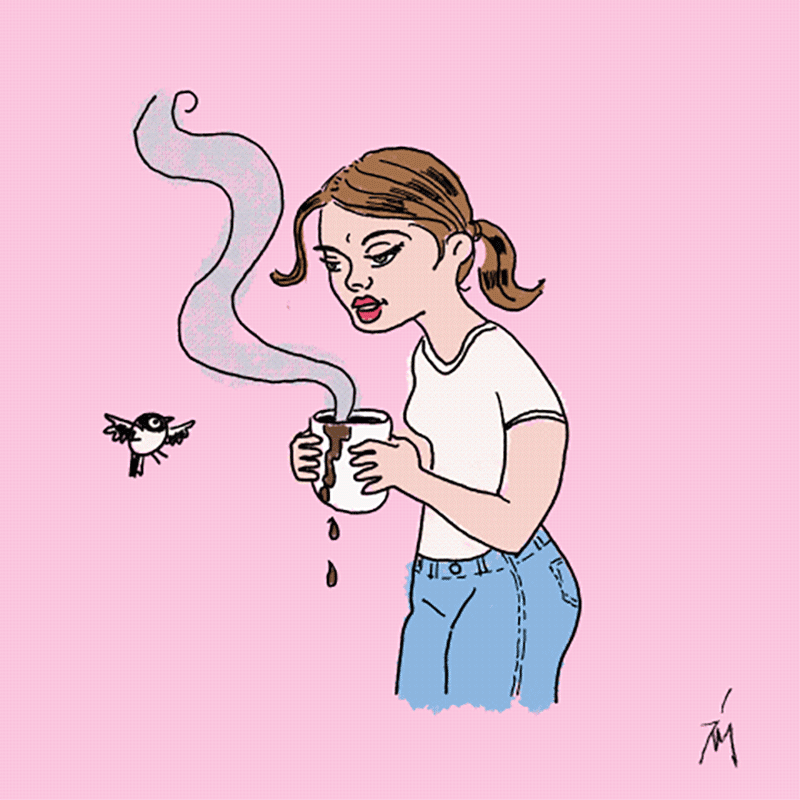 drawing of woman drinking coffee and watching a bird.