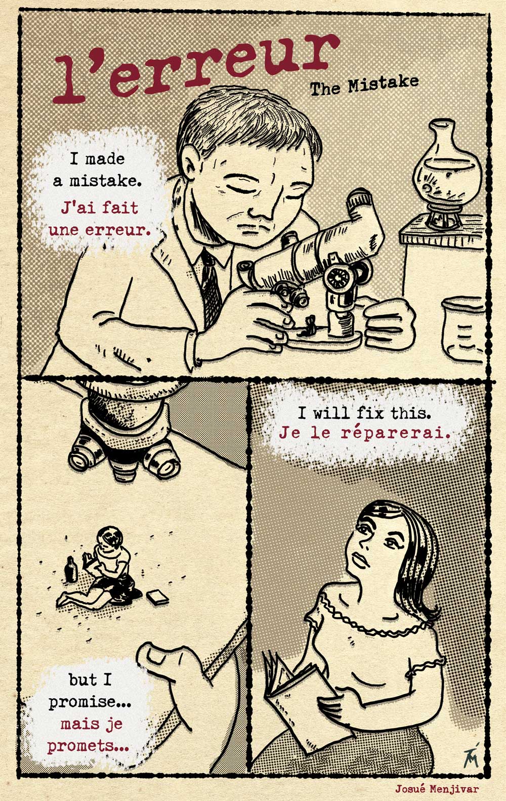 Comic book story with a scientist and a miniature woman.
