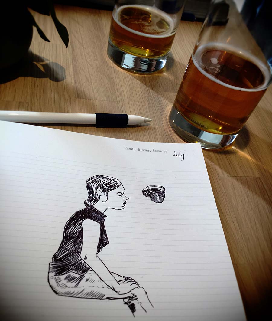 photo of a sketchbook and glasses of beer. Vancouver British Columbia, Canada