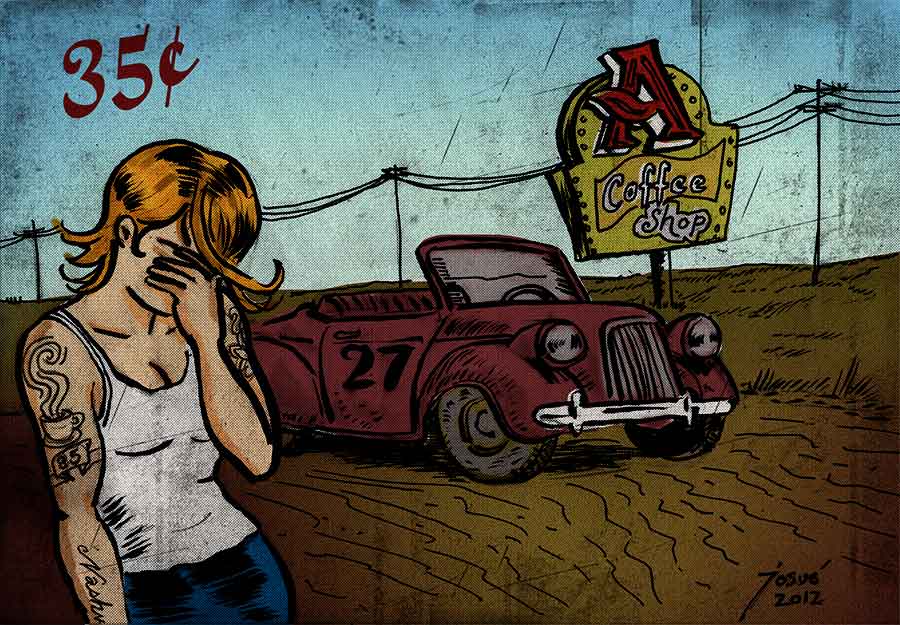Illustration of sad woman next to a vintage vehicle and a coffee shop neon sign.