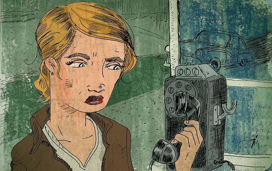 Illustration of a woman in a phone booth.
