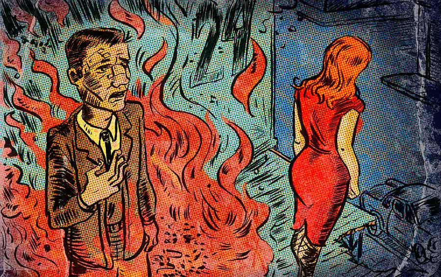 Illustration of a man looking at a woman in a red dress while flames are behind him.