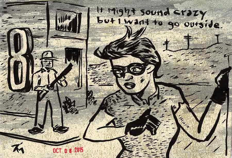 Illustration titled: Inktober 8 Outside