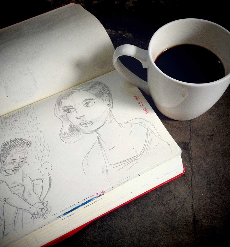 photo of coffee cup and sketchbook