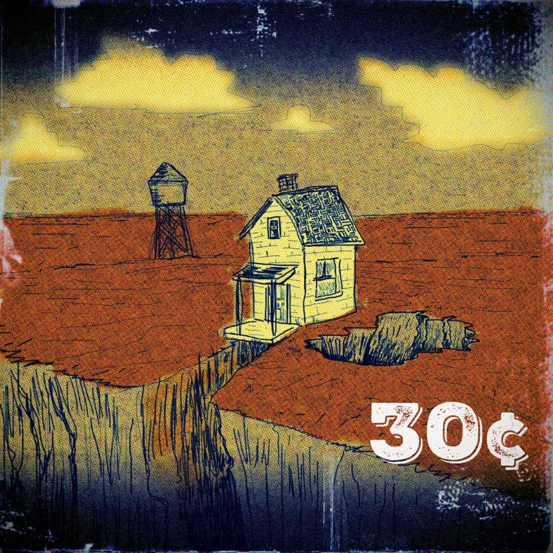 illustration of a desolate land and an old house.