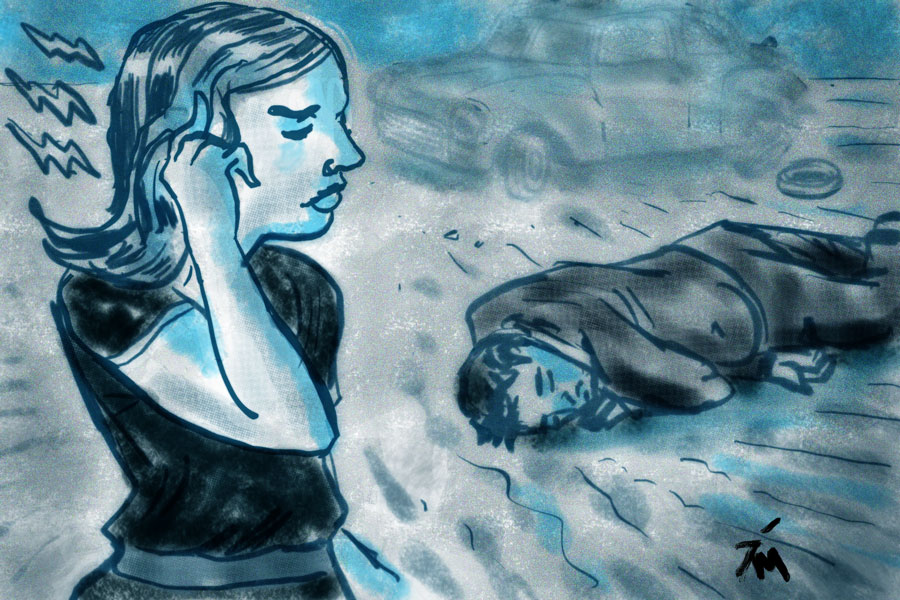 illustration of a woman witnessing a vehicle accident.