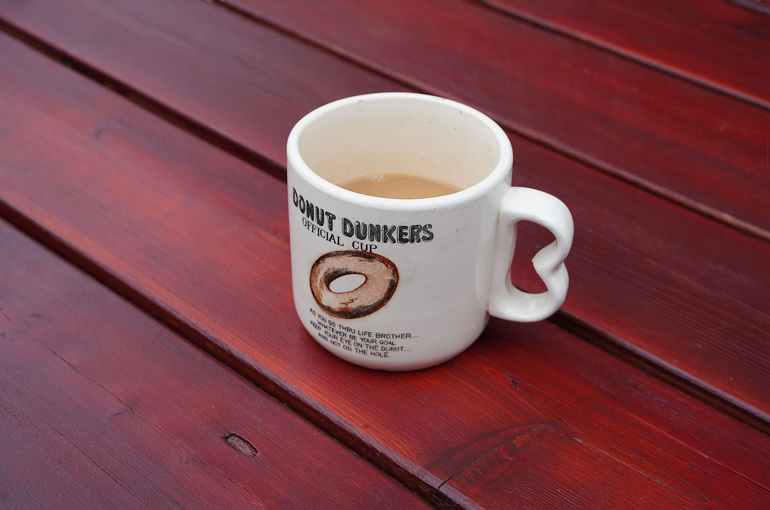 Photo of a coffee cup on a picnic table.