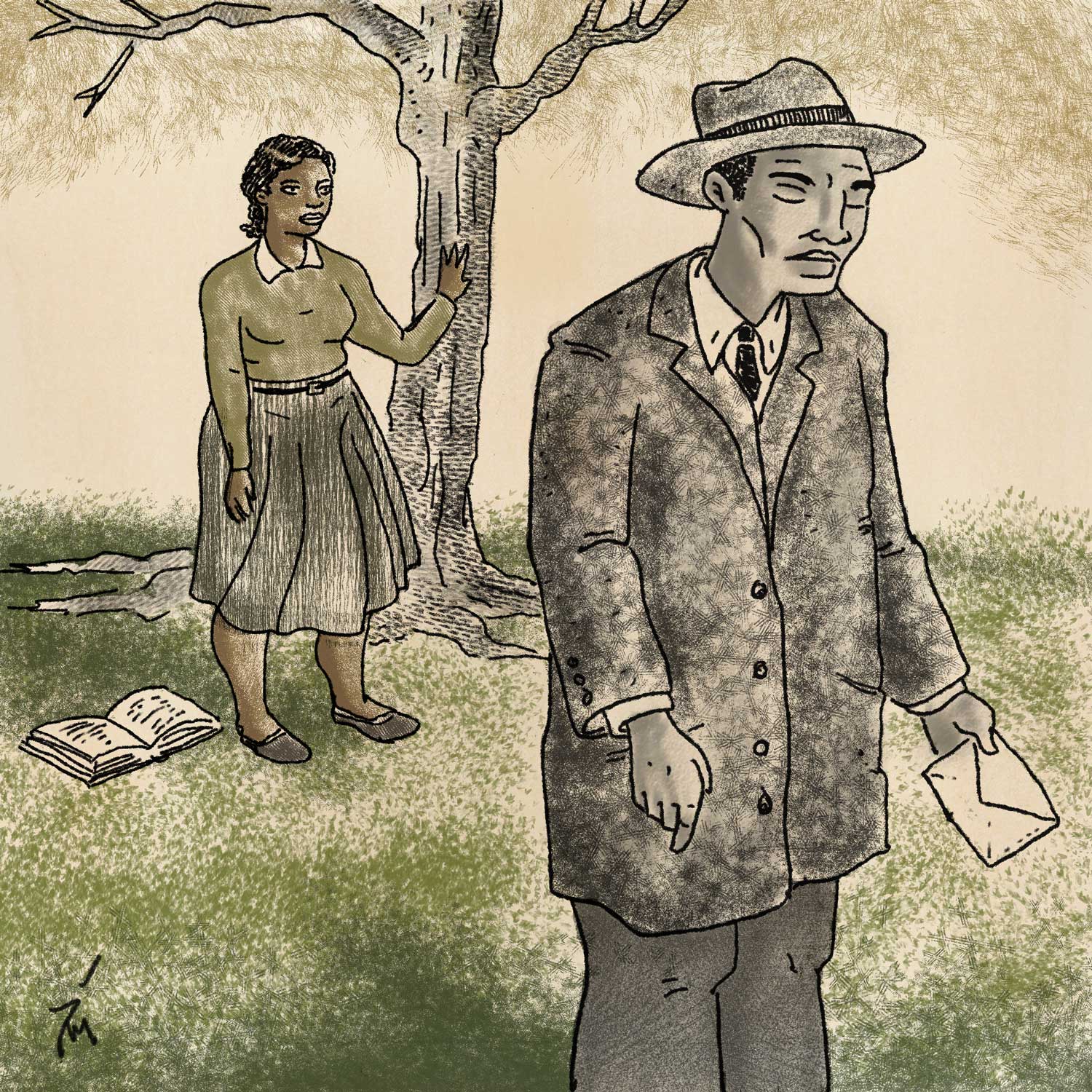 Illustration of a man holding a letter while walking away from a woman.