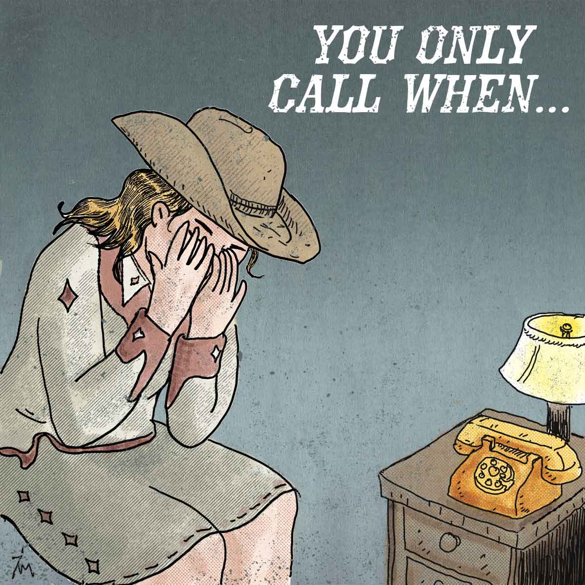 Illustration of woman in country style clothing crying by a phone.