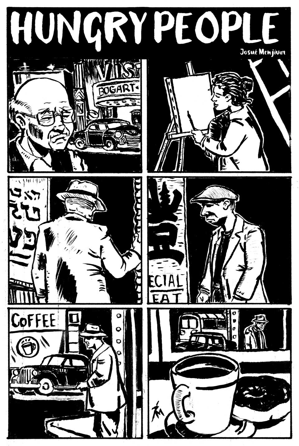 Image of a comic book page with several scenes of people doing things.