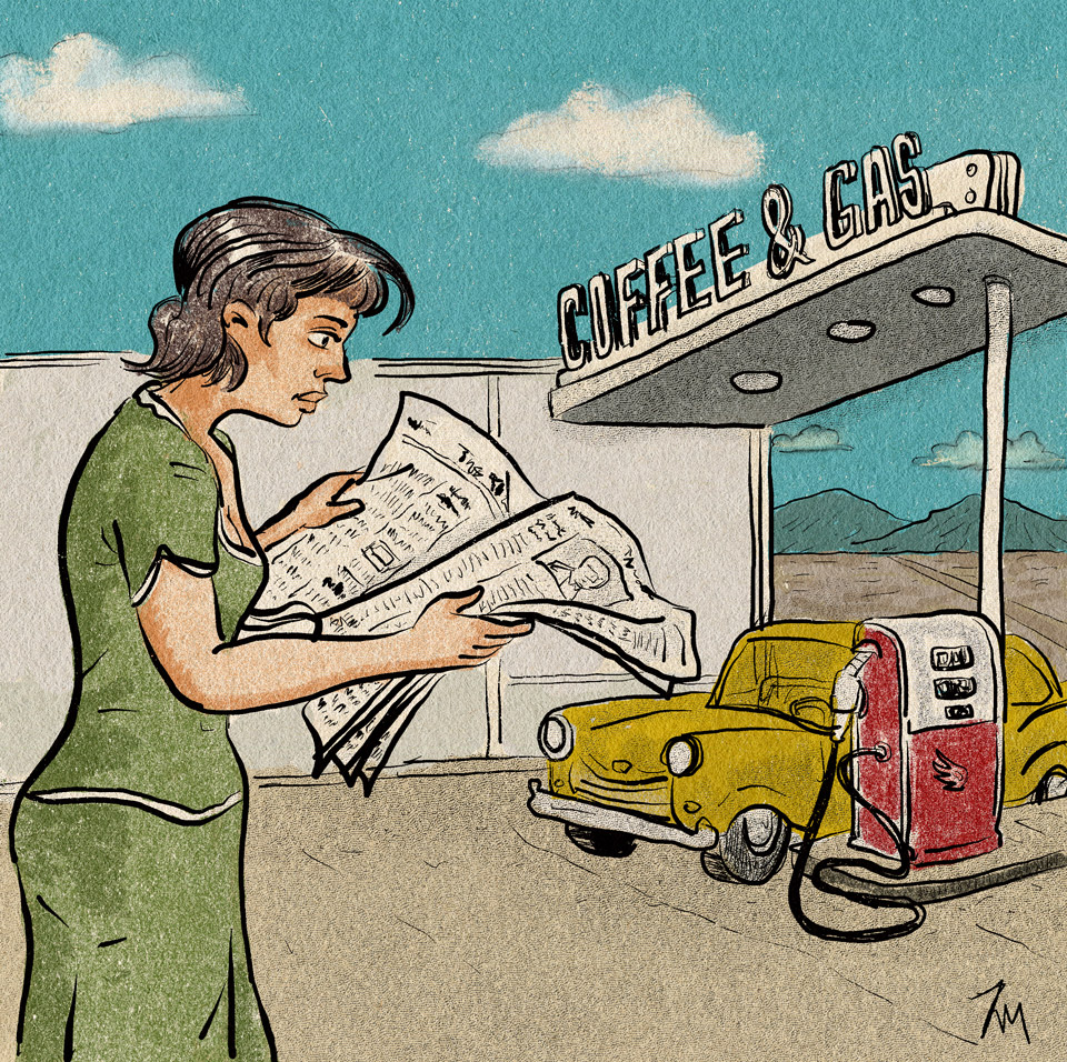Image of a woman reading a newspaper at a gas station.