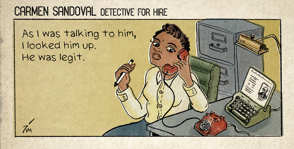 Illustration of a female detective talking on the phone  in her office.