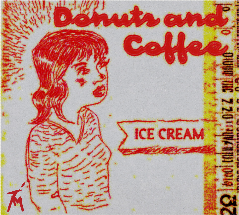 Image a woman and the text donuts and coffee displayed.