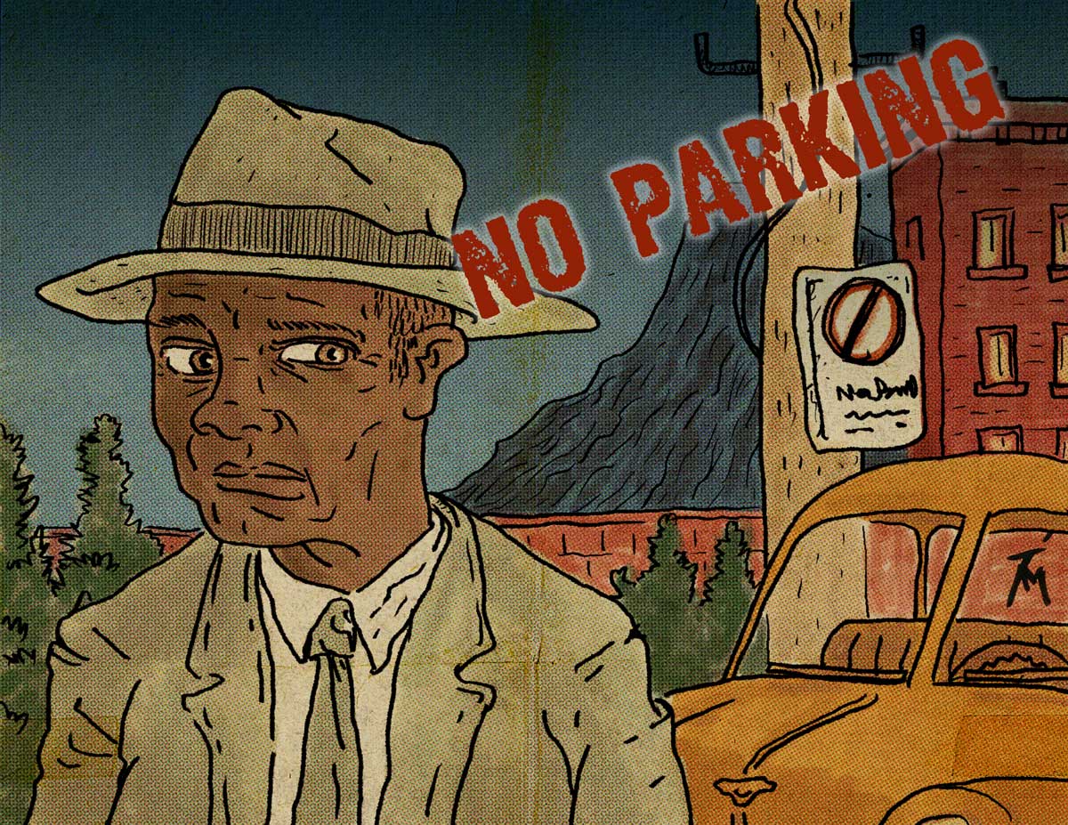 Illustration of an older man walking away from his car at a no parking spot.
