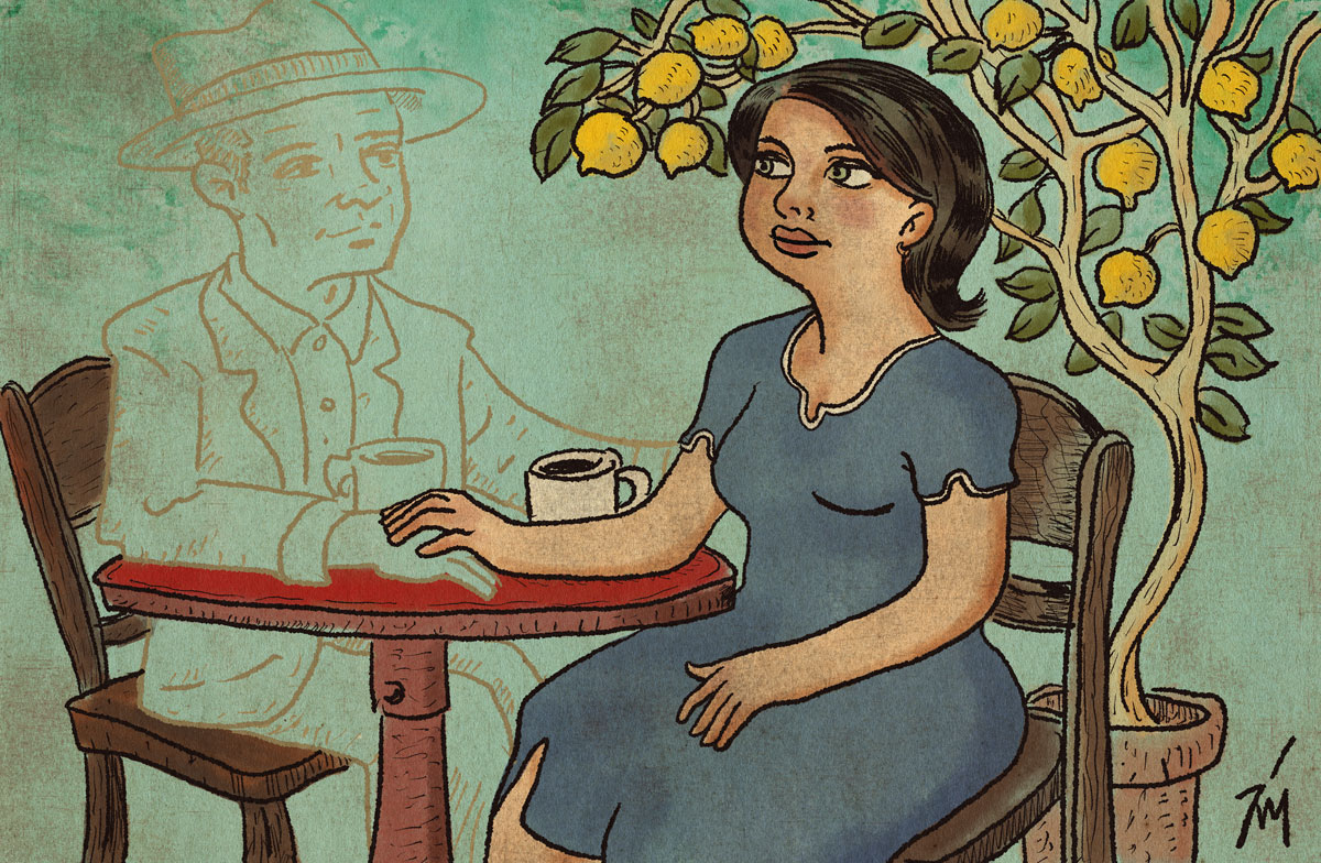 Image a woman sitting down with coffee and remembering a person.