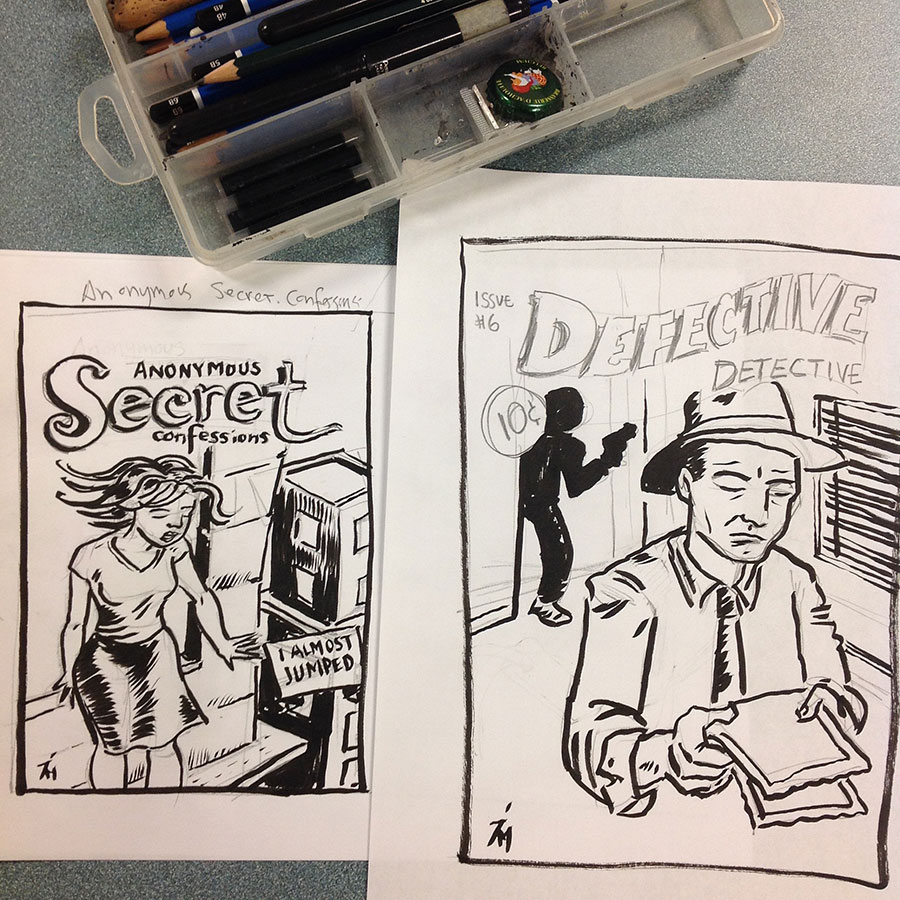 Photo of cover drawings in class.